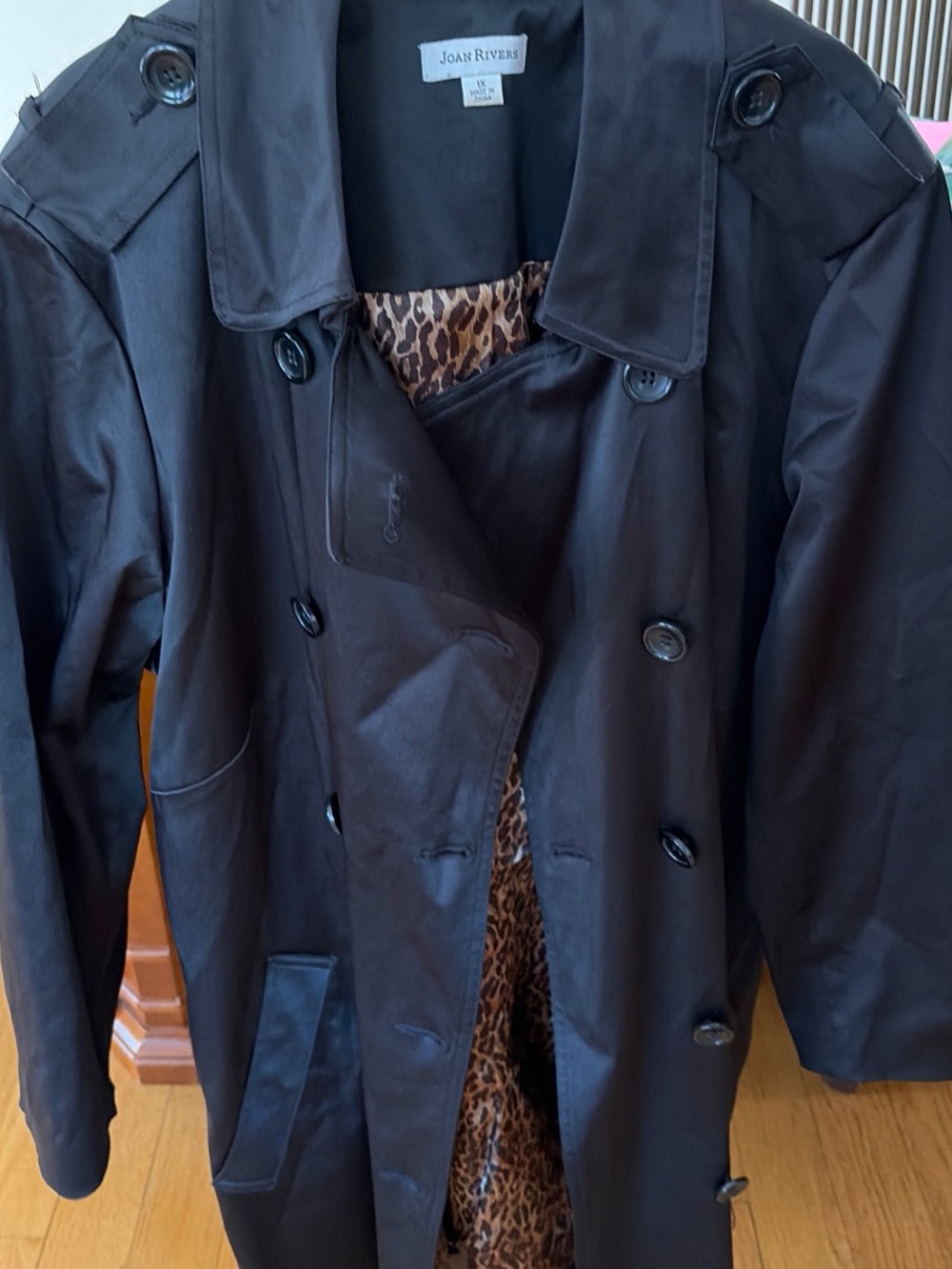 Joan Rivers Black Trench Coat with Leopard-Print Lining